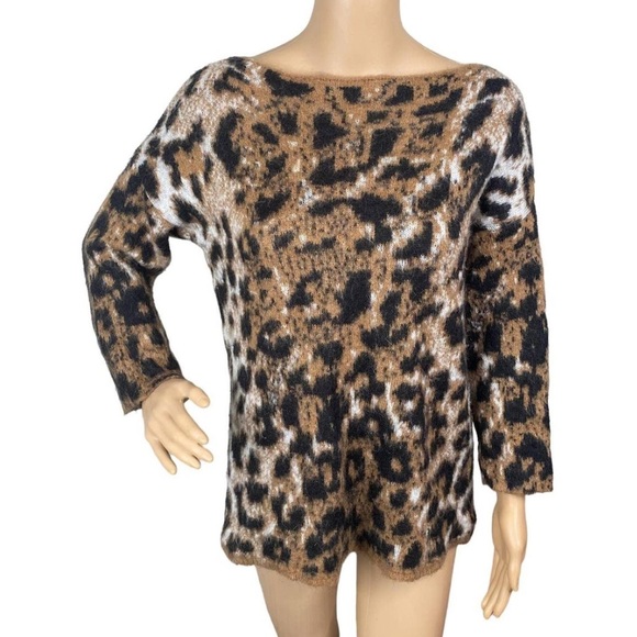 nwt Anthropologie Lineamaglia Italian Mohair Boxy Sweater Leopard Black Tan XS - Picture 9 of 16